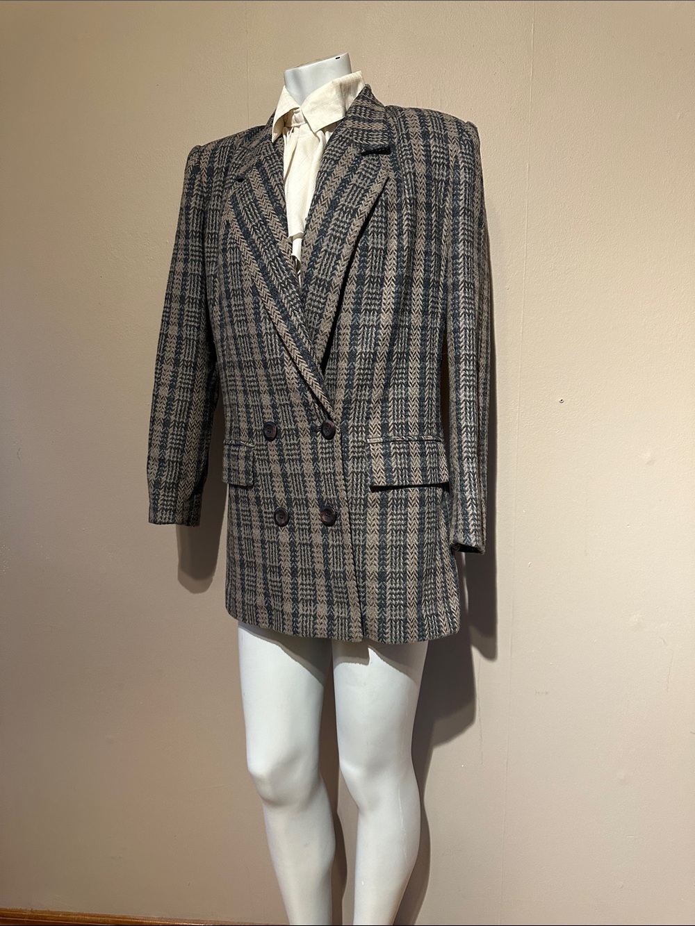 Sasson wool houndstooth vintage Plaid Double-Breasted Blazer Womens 1980s